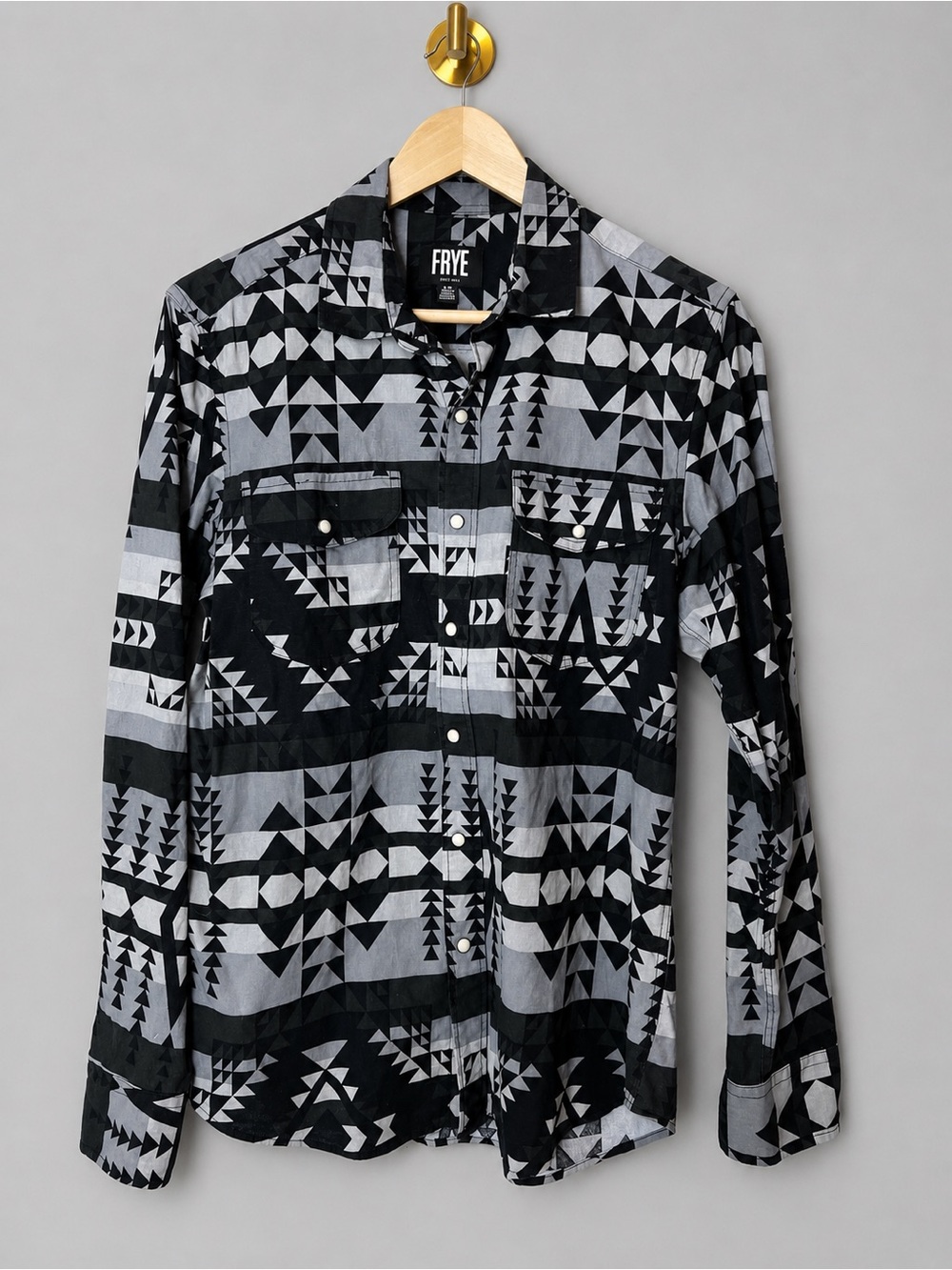 Frye Black Gray Geometric Western Snap Button Shirt Tribal Print Long Sleeve